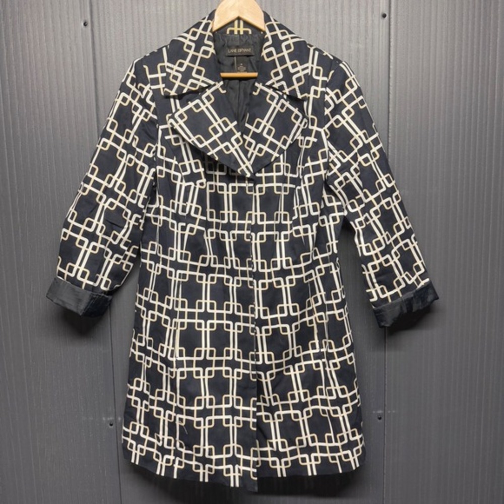 Lane Bryant Black Tan White Geometric Print Trench Coat Jacket Women's Size 16